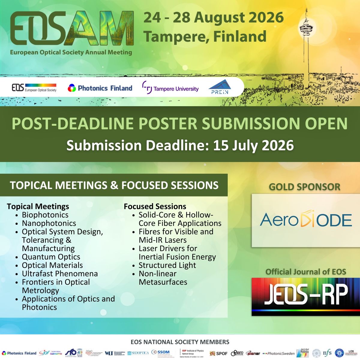 flagshipprein's tweet photo. #EOSAM2026 in Aug in Tampere Finland: Post-deadline poster submission is open! 
📅 Deadline: 15 July 2026
🔗 Submit your abstract now: https://t.co/se4FKhvOLQ
📝 Submission guidelines: https://t.co/DErichhloN
@SpieTampere @VTTFinland @AaltoUniversity @PhotonicsFin @SuomenAkatemia https://t.co/Bt7plzq6r3
