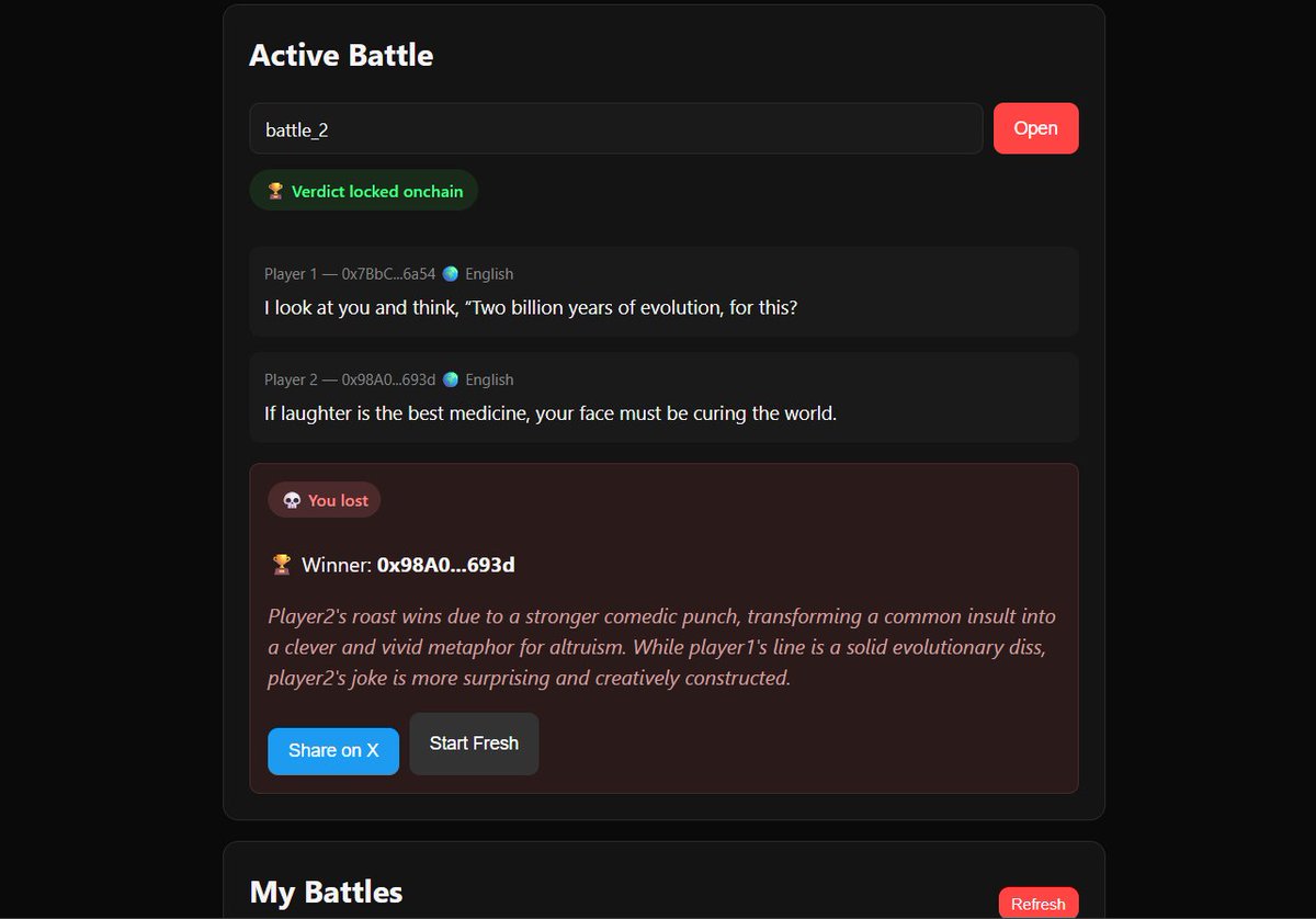 Klauss6139's tweet photo. Recently shipped RoastChain V1 on @GenLayer Bradbury.
It's a multilingual AI roast (or what we call 'yabbing' in nigerian-pidgin) battles judged onchain.

Two players drop roasts in any language. The diverse LLMs across GenLayer's validator network evaluate each one in its original language & lock the verdict onchain via Optimistic Democracy consensus. Permanent. Tested it with English vs Nigerian Pidgin & the AI nailed the cultural references in less than 90s.

So if you got beef with someone, hope on roastchain and yab each other while genlayer smart/intelligent contract decides who yabbed the other better😃
At some point you could even put your money ($Gen) where your mouth is.

HOW TO PLAY:
1. Connect MetaMask on Bradbury (you'll need GEN testnet tokens for gas)
2. Drop a roast in any language → click Start New Battle → share the battle ID with anyone
3. Your opponent pastes that ID → counter-roasts → clicks Join Battle
4. Either of you clicks Judge → validators reach consensus → verdict locks onchain forever

Building this exposed something interesting. My first version used run_nondet_unsafe with strict JSON equality.
Pidgin vs Pidgin kept timing out because diverse models would weight humor differently & never reach consensus so i Switched to gl.eq_principle.prompt_comparative & it converged because validators no longer needed identical outputs, just coherent judgments.

WHAT'S NEXT:  A fresh UI/UX revamp is queued for v1.5. Beyond that I'm sketching bracket-style tournaments where players stake $GEN into a pot & the winner claims it, plus 1v1 wagered duels where two players stake against each other & the AI verdict releases the pot. Onchain comedic stakes feels like the kind of subjective primitive that only works on a chain that can actually judge subjectivity.

Try it: https://t.co/EAfzy8A8aJ
Repo: https://t.co/qJvPUKtQF2