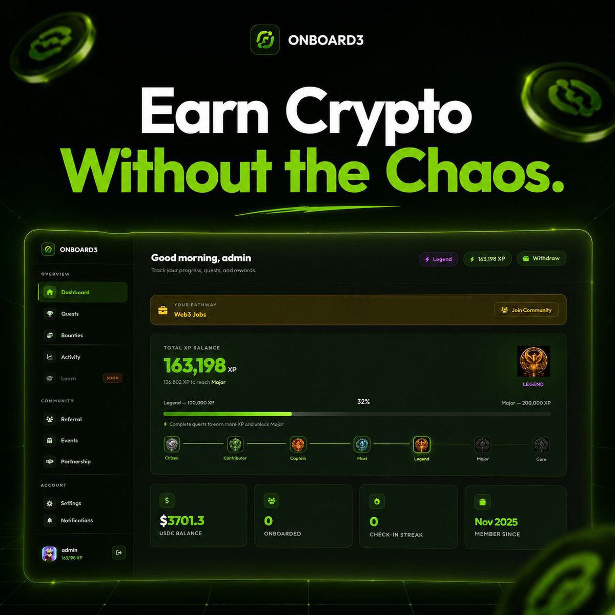 Onboard3___'s tweet photo. Most people think earning crypto means trading, mining, or shilling random tokens.

Onboard3 does it differently.

Our bounty system lets you earn crypto by completing simple tasks directly on the platform.

No extra apps.
No switching between tools.
No confusing dashboards.
No gas fees eating your rewards.

Complete a task → get paid.

Simple, smooth, and built for participation, not speculation.

Why use a second app just to earn your first coin?