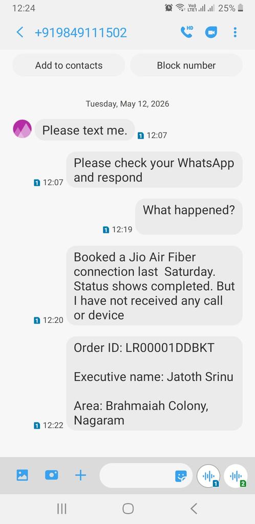 Moscow6666666's tweet photo. @JioCare Status shows that Jio Air Fiber installation is completed. But we have not received single phone call regarding when it was completed, did not receive WiFi router, set top box still. Executive is not lifting calls and sent Manager number. Manager is not lifting calls. What next ? https://t.co/KBNk89JTYW