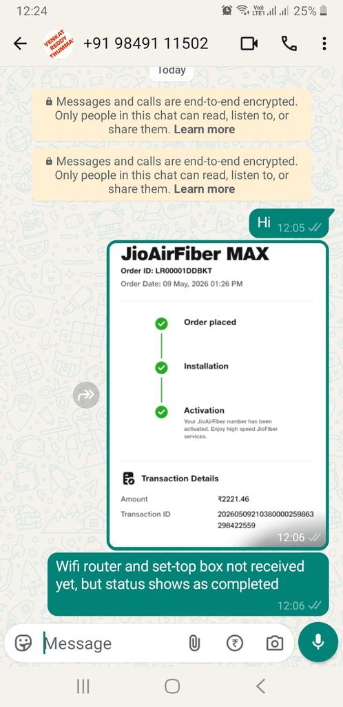 Moscow6666666's tweet photo. @JioCare Status shows that Jio Air Fiber installation is completed. But we have not received single phone call regarding when it was completed, did not receive WiFi router, set top box still. Executive is not lifting calls and sent Manager number. Manager is not lifting calls. What next ? https://t.co/KBNk89JTYW