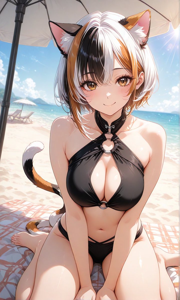 海のスナップ。
パラソルと三毛猫ミー。