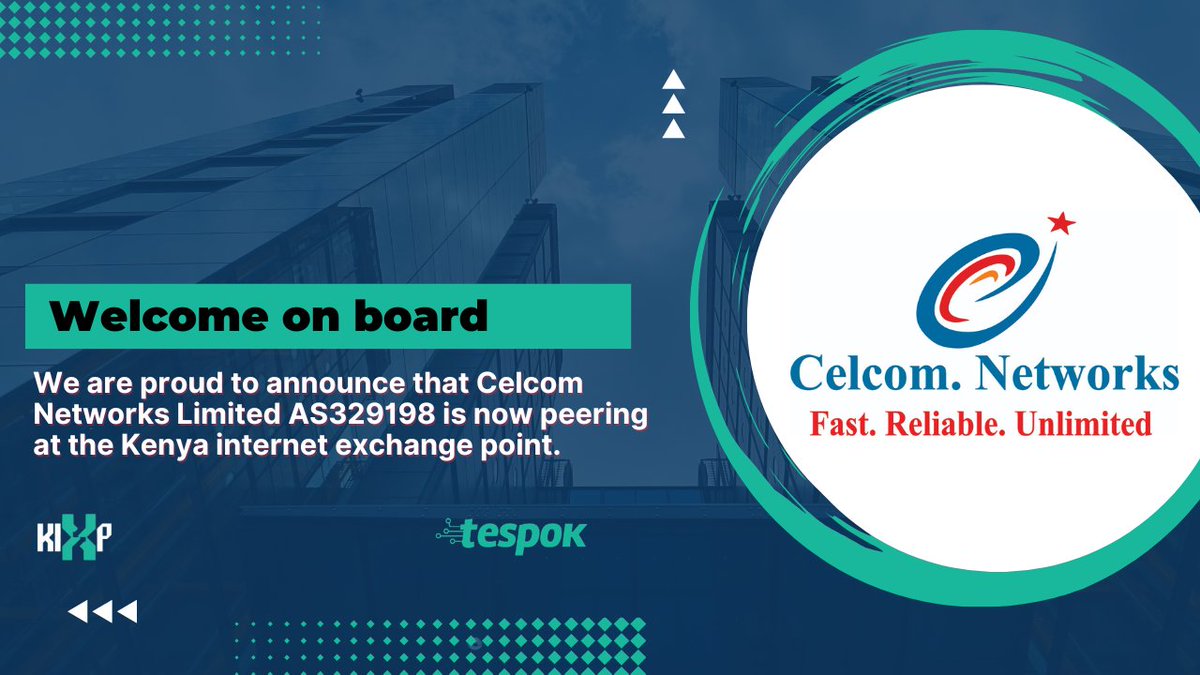 TESPOK_KENYA's tweet photo. A warm welcome to Celcom Networks as they join the KIXPpeering community.
Their connection to the exchange marks another step in strengthening local internet connectivity and improving traffic exchange within Kenya.
We’re glad to have you at the exchange
#KIXP #InternetPeering https://t.co/IoCknE5jGx