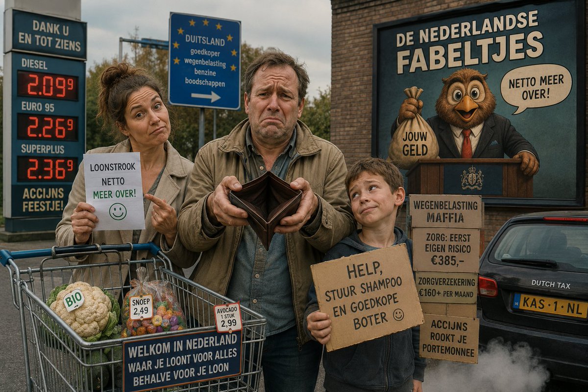 Gerardcolumn's tweet photo. De Nederlandse  Fabeltjes 

Daar staan we dan, met onze  loonstrookjes. 

De onderzoekers hebben gesproken: "Nederlanders houden netto meer over!"

 Een nationaal applaus stijgt op vanaf de Nederlandse bankstellen... tot we de deur uitstappen en de echte wereld ontdekken.

De Wegenbelasting Maffia.

Laten we beginnen met onze favoriete hobby: de wegenbelasting .

 In Nederland betaal je voor een degelijke gezinsauto per kwartaal meer dan een Duitser in een heel jaar. 

Wij zijn het enige land ter wereld waar een auto bezitten wordt behandeld alsof je een illegale brandstof stokerij in je achtertuin hebt staan.Rij je een diesel? Dan ben je nu dus  officieel een sponsor van de staatskas.

 Terwijl de Belgische buurman voor een prikkie over de grens tuft, betaal jij in Nederland maandelijks genoeg wegenbelasting om  binnenkort de hele tweede kamer 18% loonsverhoging te geven.  

En het mooiste? De provincies gooien er elk jaar nog een schepje bovenop  omdat ze blijkbaar vonden dat je nog nét genoeg geld overhad voor een pak droge beschuitjes. 

Die lage belasting op je loon is een schitterende illusie. De overheid zegt: "Kijk, we houden minder in!" En vervolgens fluisteren ze: "Maar je moet wel even die €160+ per maand zelf aan de zorgverzekeraar geven. Oh, en als je echt zorg nodig hebt, mag je ook eerst nog even €385 uit je eigen spaarpot trekken." 

Dat heet geen 'netto voordeel', dat heet 'het geld via de achterdeur weer binnenharken.

 Met je "hoge netto loon" loop je de supermarkt in.

 In Duitsland krijg je voor vijftig euro een redelijke  kar vol. 
 In Nederland krijg je voor datzelfde geld drie avocado’s, een biologische bloemkool en een zakje snoep, maar alleen als je je bonuskaart  en je ziel  inlevert bij de kassa.

 We zijn wereldkampioen in het betalen van de hoofdprijs voor basisbehoeften, tenzij het in de "1+1 gratis" aanbieding is en je je hele schuur vol stouwt met veertig pakken wc-papier. ( wel snel doen hoor het Hantavirus komt eraan)  

En dan moet je die dure auto nog volgooien. Terwijl we in Nederland naar de pomp kijken alsof we een donatie doen aan een vreselijk duur  goed doel, lachen ze in de buurlanden om onze prijzen. 

Je houdt dan wel "netto meer over", maar dat verdwijnt in de vorm van accijns letterlijk als rook uit je uitlaat.

De Conclusie

Dat hele onderzoek is een meesterwerk in misleiding. Ja, we houden netto meer euro's over op ons loonstrookje. Maar tegen de tijd dat we de zorgverzekering hebben betaald, de tank hebben volgegooid en de wegenbelasting hebben afgetikt, houden we nog precies genoeg over om een ansichtkaart naar Duitsland te sturen met de tekst: "Help, stuur shampoo en goedkope boter."We zijn niet rijk, we zijn gewoon de best betaalde 'tussenpersonen' van de Belastingdienst.

Gerard Krispijn.