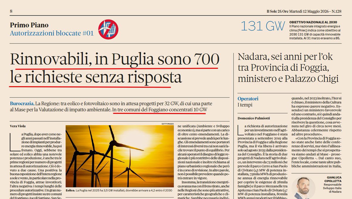 Premesso che non esiste un diritto incondizionato alla connessione, e che una concentrazione di 32.000 MW in una sola regione (lunga e stretta), di cui 10.000 in tre soli territori comunali, dovrebbe far capire a chiunque che si crea un  problema fisico sulla rete, forse è il