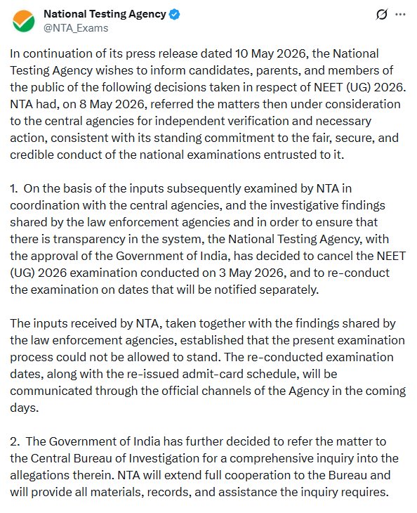 drkafeelkhan's tweet photo. NEET UG 2026 परीक्षा रद्द, CBI जांच के ऑर्डर 😳
सबसे ज्यादा दर्द उन लाखों मेहनती छात्रों के लिए है जिन्होंने ईमानदारी से सालों मेहनत की 😢
दुर्भाग्य यह है कि ऐसी घटनाएं बार-बार हो रही हैं — और हर बार छात्रों का भरोसा, मेहनत और मानसिक शांति टूटती है🙏🏾🤲🏾 #Neet https://t.co/cNJpLBNNBD