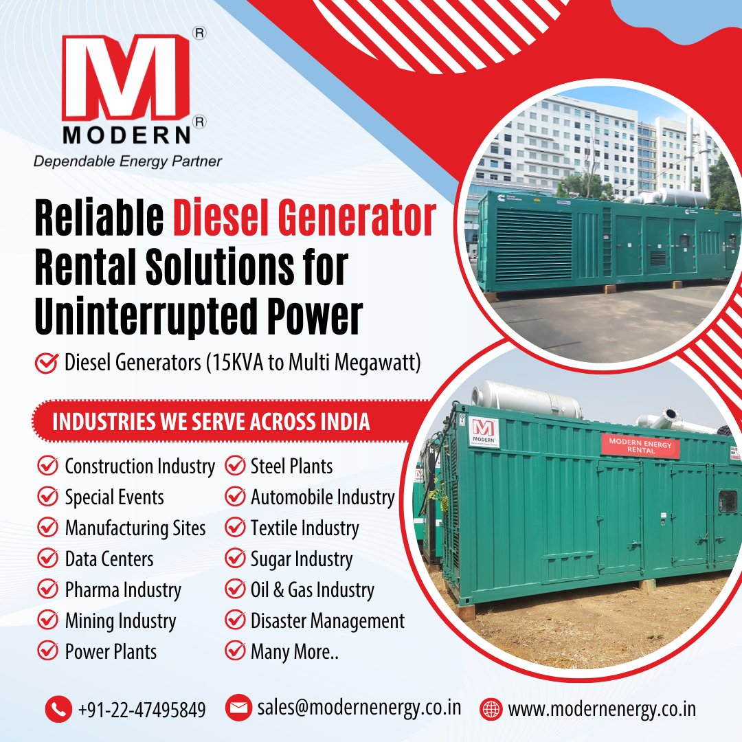 ModernEnergyRPL's tweet photo. Reliable Diesel Generator Rental Solutions for Uninterrupted Power ⚡

Modern Energy Rental Pvt. Ltd. provides high-performance diesel generators on rent from 15 kVA to Multi Megawatt capacities across India.

📞 https://t.co/1a2HmEalyU

#DieselGeneratorOnRent #GeneratorOnRent https://t.co/FjQKq1MkYy