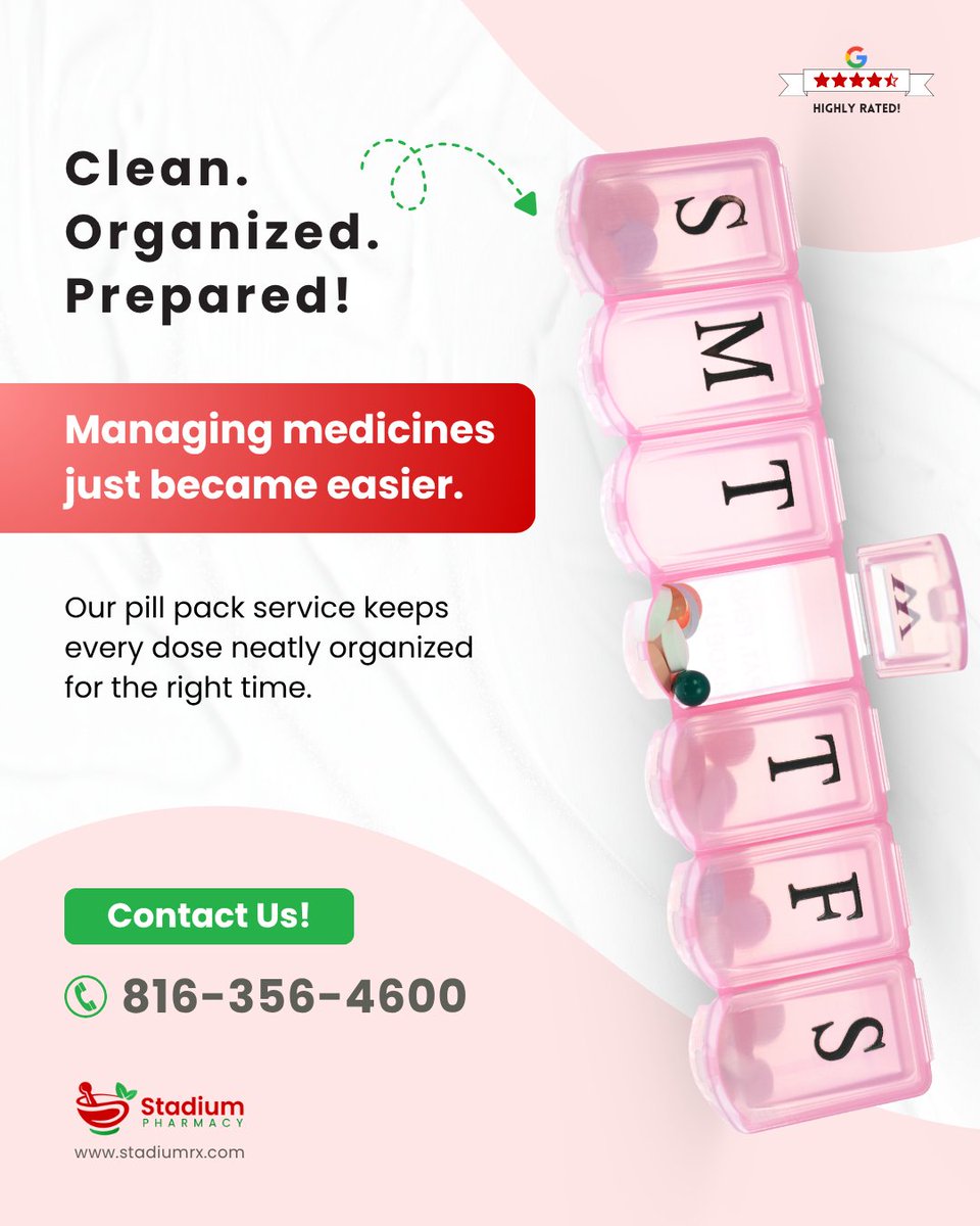 Stadiumrx's tweet photo. Too many meds? We’ve got you.
Our pill pack service includes:
• Time &amp; date sorted pack
• Easy daily use
• No missed doses
• Care made simple
Call 816-356-4600 or visit https://t.co/2qd2emHMJi
#pharmacy #pharmacyservices #medicationmanagement #pillpacks #missouri #usa https://t.co/uxv779jmQD