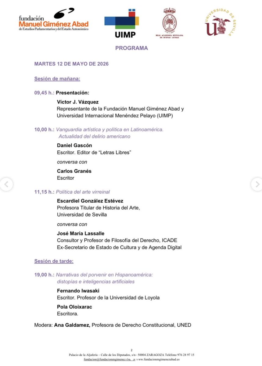 Historia152's tweet photo. Hoy, martes 12, y mañana, día 13, la @unisevilla participa en el II Foro Iberoamérica: Comunidad y Cultura, organizado por la Fundación Manuel Giménez Abad y la Universidad Internacional Menéndez Pelayo @UIMP. 
En este foro participa mañana Lola Pons, como pueden ver en el cartel https://t.co/7uVzx8Wmit