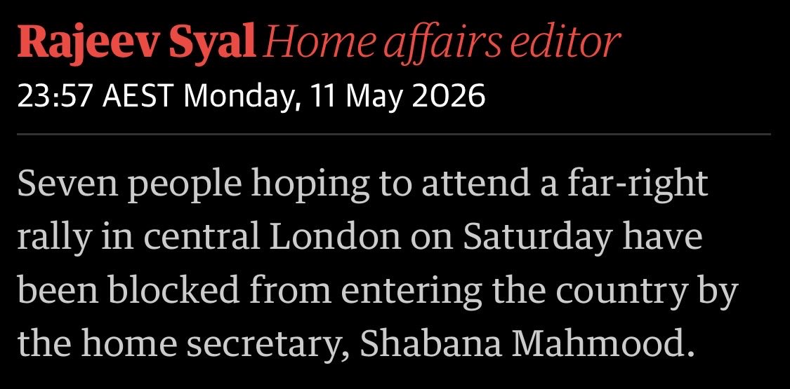 BFreeflower's tweet photo. So someone named “Rajeev Syal” is reporting that someone named “Shabana Mahmood” is banning white people from entering Britain to join a unite the UK rally. The UK has clearly fallen. https://t.co/l5LN6ljqgb