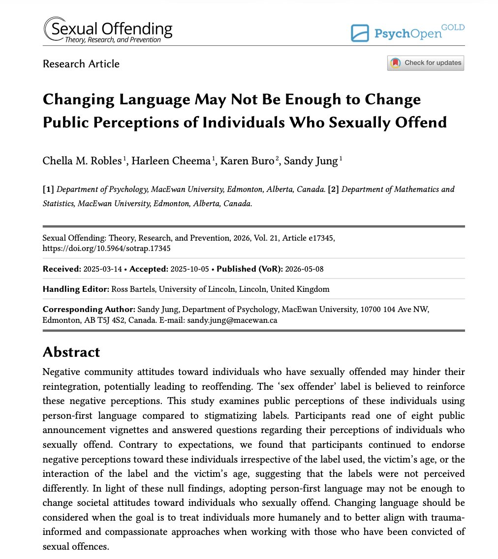 SOTRAP_Journal's tweet photo. ⚠️❗️New research findings about:  ⚠️❗️

“Changing Language May Not Be Enough to Change Public Perceptions of Individuals Who Sexually Offend”

Open access available here 🤓👇:

https://t.co/B1gHgNIiMC https://t.co/eSNmN6CZSm
