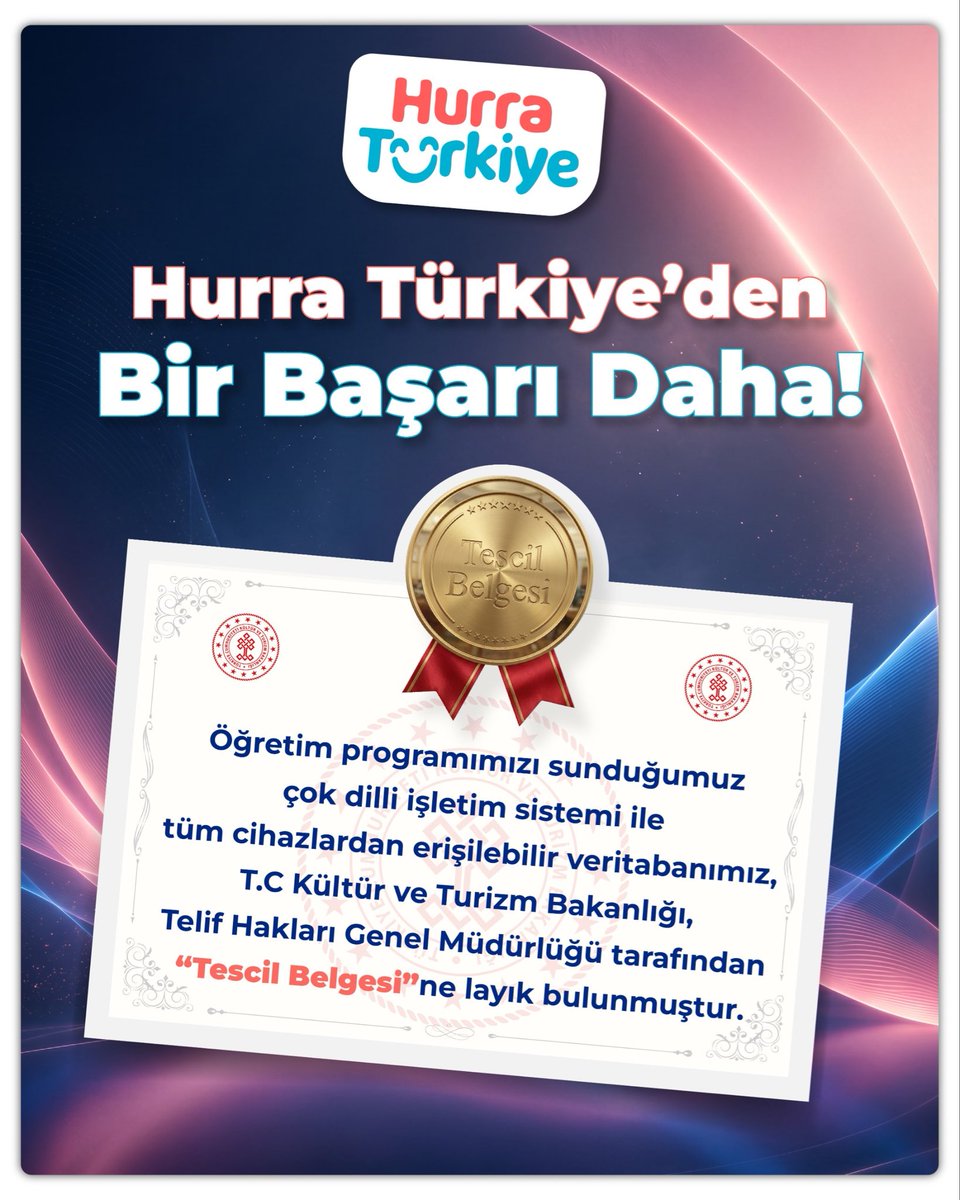 TurkiyeHurra's tweet photo. 📣Hurra Türkiye’de bir başarı daha
Öğretim programımızı sunduğumuz çok dilli işletim sistemi ile tüm cihazlardan erişilebilir veri tabanımız, TC Kültür ve Turizm Bakanlığı, Telif Hakları Genel Müdürlüğü tarafından “Tescil Belgesi”ne layık bulunmuştur. 👏👏 https://t.co/zDIaN4Jjue
