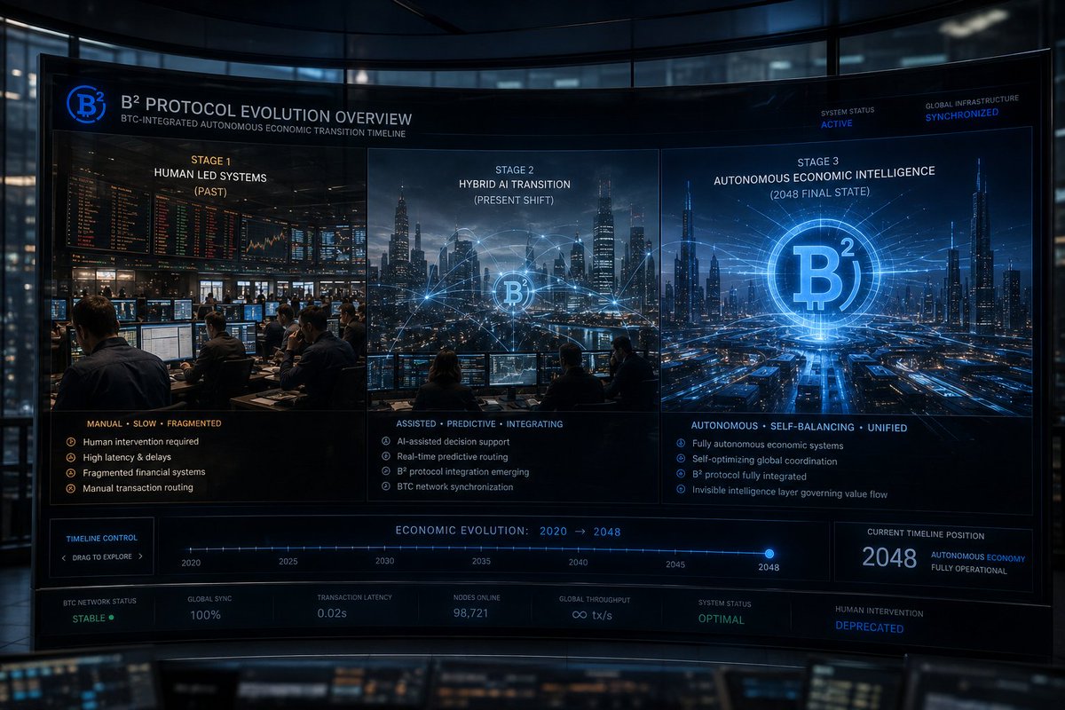 Tonnicle1's tweet photo. The transition didn’t happen overnight.
It happened layer by layer.

From:
manual execution, fragmented systems, human reaction.

To:
predictive coordination, autonomous routing, invisible intelligence.

By 2048, markets no longer needed operators

#B2Anniversary @BSquaredNetwork https://t.co/fDQtDs9p2g