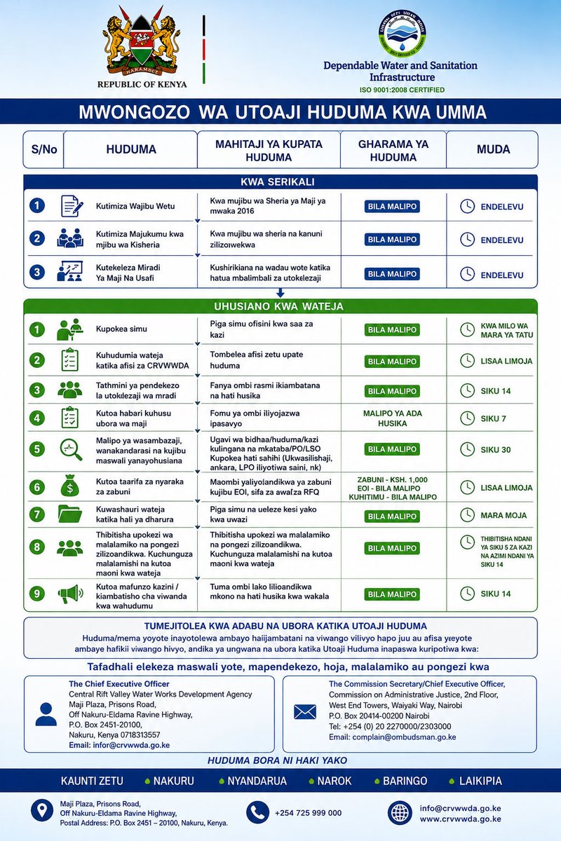 CRVWWDA_'s tweet photo. Our Service Charter reflects our commitment to timely service delivery, customer satisfaction, and sustainable development for the communities we serve. Together, we build a future of reliable water infrastructure for all. https://t.co/VRSYYUXYZS
