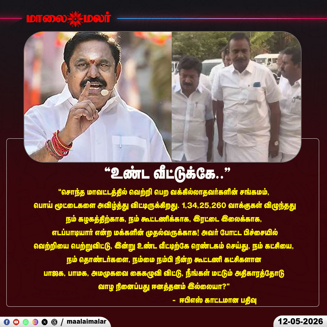 maalaimalar's tweet photo. "உண்ட வீட்டுக்கே.." -ஈபிஎஸ் காட்டமான பதிவு
#EdappadiKPalaniswami #AllIndiaAnnaDravidaMunnetraKazhagam #EPS #AIADMK #TamilNaduPolitics #PoliticalAttack #ElectionPolitics #DoubleLeaf #AlliancePolitics #PoliticalStatement #Maalaimalar https://t.co/NzuM5ivkWD
