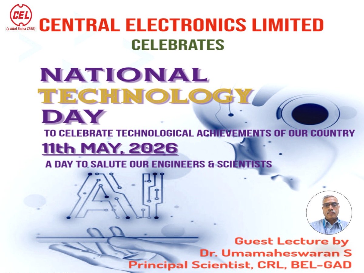 celbharat's tweet photo. CEL celebrated National Technology Day on 11.05.2026.🇮🇳
Dr. Umamaheswaran S., Principal Scientist, CRL, BEL-Ghaziabad, delivered a lecture on technology and innovation. Quiz and drawing competitions were also organized for employees, followed by prize distribution for the winners https://t.co/xJPopE3Lpb