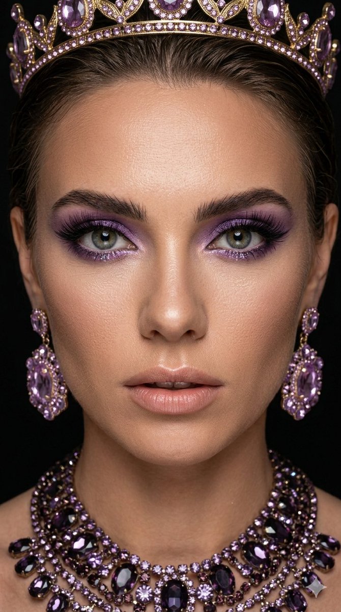 AIwithYazdan's tweet photo. 🚨🚨🚨 Prompt Share 🚨🚨🚨
Amethyst royalty. ✨💜
From the intricate gold filigree to the mesmerizing violet hues, these looks are pure regal elegance. Which crown are we wearing today? 👑
One is created with GPT Image 2 and one is created with Nano Banana Pro
#RoyalCore #Amethyst #Beauty #RegalAesthetic #MakeupInspo
Prompt:
"A high-definition, photorealistic portrait shot (1:1) of the specific person seen in reference image, maintaining exact facial features, identity, and intense front-facing expression. The subject retains the full set of ornate gold and purple rhinestone jewelry: the crown, the matching dangling earrings, and the elaborate necklace. The specific matte purple smoky eye makeup, graphic liner, and glossy nude lip are perfectly replicated from reference image. Her skin has a flawless, natural tan with realistic pore texture and soft high-end retouching. The previous sleek hair bun is now dramatically transformed into an expansive, intricately braided, architectural high updo. The updo is a cascade of complex multi-strand braids and structural twists that sweep high above her head, creating a tall, sculptural crown of textured hair. This braided structure is densely and intricately woven with small gold wires, tiny purple and gold crystals, and miniature filigree elements that catch the light, adding incredible detail to the dark hair. The gold filigree from the base jewelry integrates seamlessly into the lower braids, merging the updo with the crown. The background remains a deep, clean, matte black void to enhance the jewelry and detailed hair sculpture. Lighting is soft, high-contrast studio illumination, precisely angled to highlight the skin texture, the sparkle of every stone, and the intricate, weaving patterns of the elaborate braided updo. Medium-close framing, tack sharp focus on the eyes and hair details, clean, professional composition. Ultra-high detail, clean, polished, moody glamorous aesthetic, shot on Sony A1, 85mm f/1.4 lens."
Negative Prompt
"no generic face, no identity shift, no different eyes, no altered mouth, no cheap jewelry, no blurry details, no cluttered background, no simple hair bun, no loose messy hair, no basic ponytail, no missing jewelry, no changed makeup colors, no flat lighting, no over-retouching, no poor skin texture, no extra limbs, no awkward cropping."
