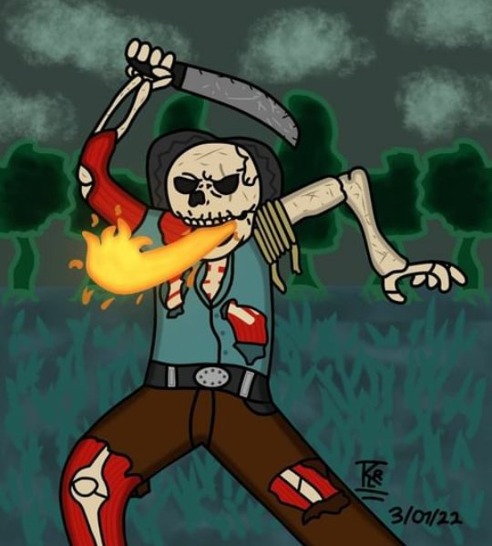 _katf0x_'s tweet photo. Loco me recordaste de este dibujo bieen arcaico que tengo de la leyenda de Juan Machete, y en su momento creía que era la vaina más dura que había hecho. Tengo que hacerle una nueva versión algún día 🔥☠️ https://t.co/6Pn9sJvZA2