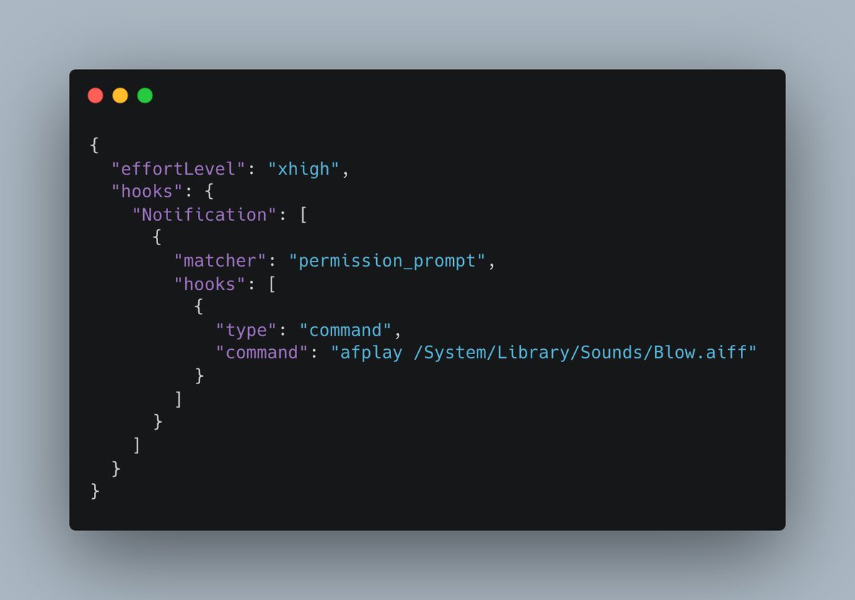 MrMatthewLayton's tweet photo. Claude Code Tip 👨🏼‍💻

The Notification hook with a permission_prompt matcher fires whenever Claude is blocked waiting on you. Pair it with afplay (macOS) and you'll never miss an approval prompt again.

Great for running multiple sessions in parallel. https://t.co/mOJWa6YFvA