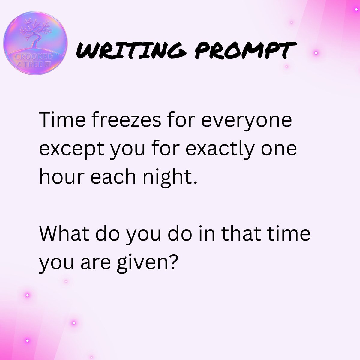 CrookedTreePen's tweet photo. Let's get the week started with a story prompt. What would you be doing in that time? 🤔 

#writingcommunity #crookedtree #writersofinstagram #authorsofinstagram https://t.co/vFkz6x2DlH