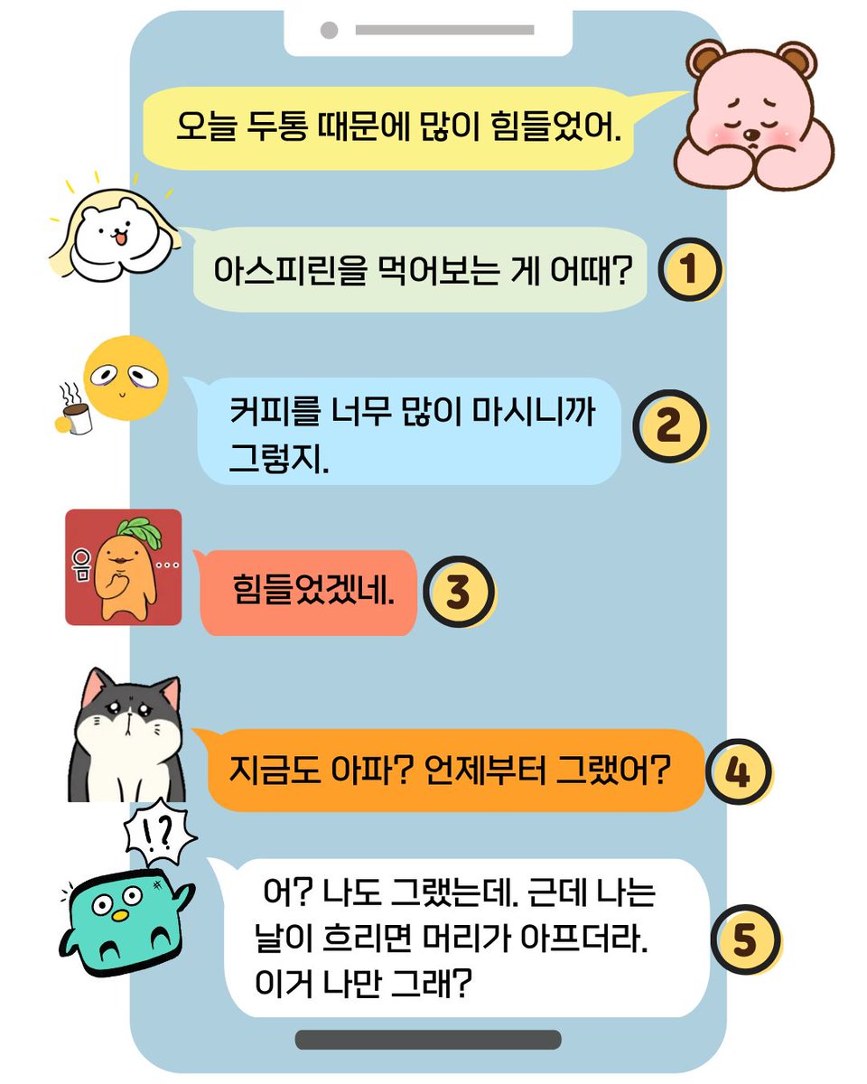 gyoyangin's tweet photo. #대화한다는착각 #경청 #제대로듣기  

📢대화를 하는 동안 내가 '반사적으로' 어떻게 반응하는지 생각해보신 적이 있나요? 자, 다음 상황을 보아주세요. 힘들었다는 친구의 말에 여러분이라면 어떻게 반응할지 가장 먼저 머릿속에 떠오르는 말을 하나씩 골라보세요. https://t.co/1o0UCscdcU