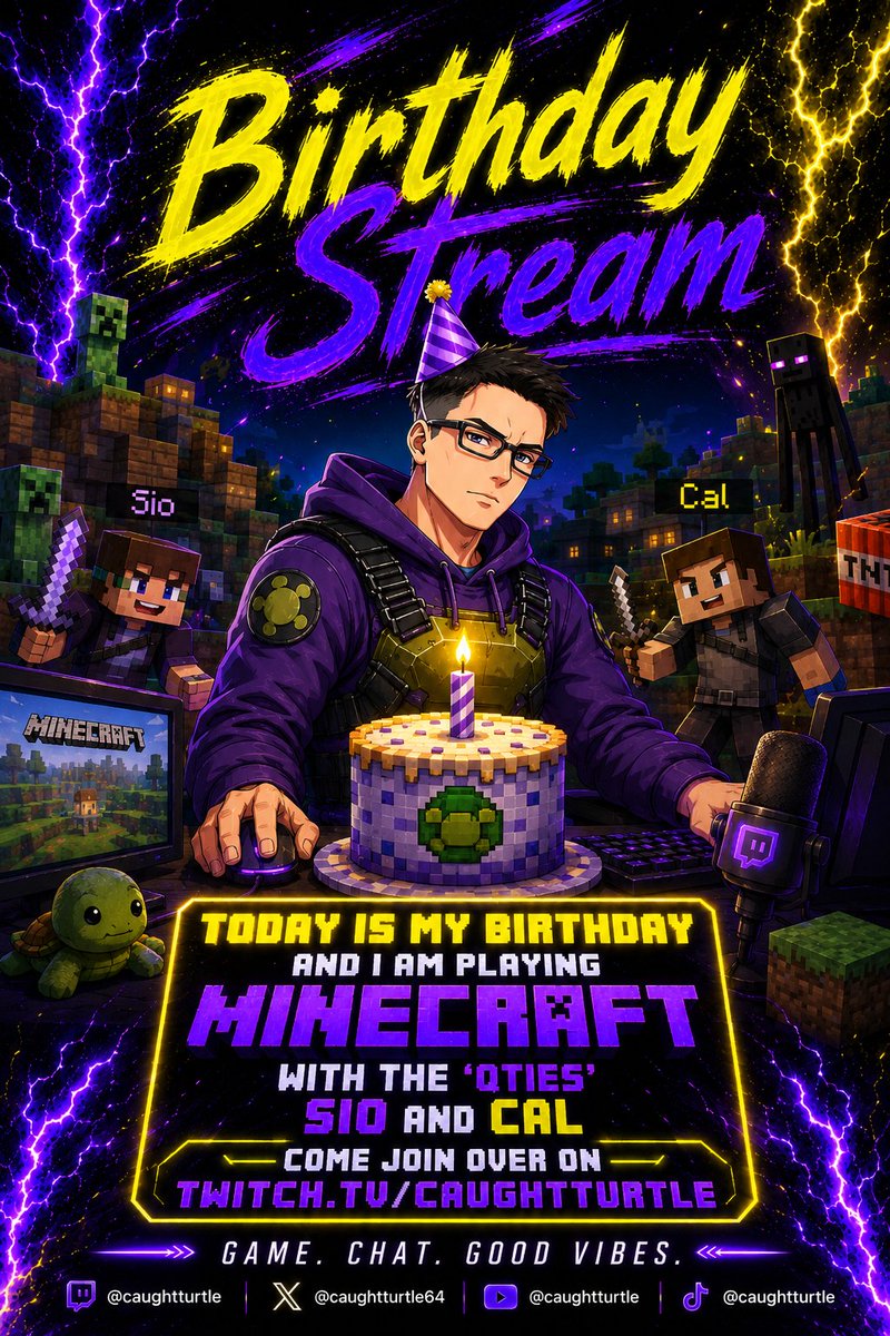 CaughtTurtle64's tweet photo. Birthday Stream!!! Come join the chilled fun from 09:30 GMT playing Minecraft with the 'Qties' over on https://t.co/75y27odn49

#birthdaystream #minecraft #twitchtv https://t.co/1T0RKQcKDk
