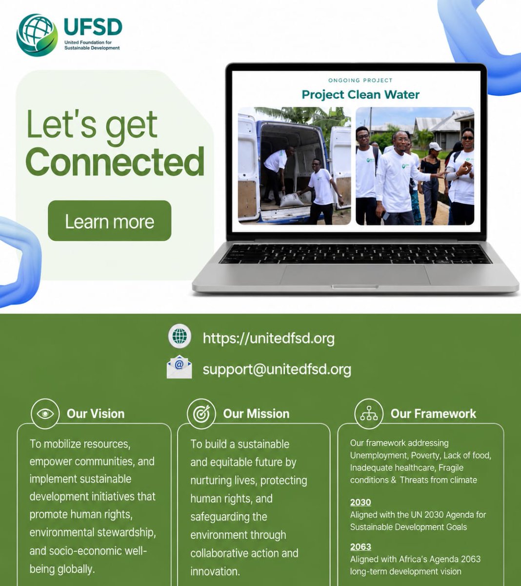 Lehmanaba's tweet photo. Welcome To Our Digital Hub!

We are pleased to announce the official launch of the *UFSD* website, a central hub for updates, projects, impact stories, volunteer opportunities, and sustainable development initiatives.

Through this platform, the public and our partners will now be able to:
• Learn more about our mission and vision
• Follow our ongoing community projects
• Partner and collaborate with us
• Volunteer and support our initiatives
• Stay updated with upcoming programs and events.

UFSD is currently implementing *Project Clean Water* , an initiative focused on improving access to safe and sustainable water solutions for communities and schools.
This project reflects our commitment to:
▫️ Community development
▫️Public health improvement
▫️ Environmental sustainability
▫️ SDG-driven impact

For more inquiries, please:
Visit our website at https://t.co/T4H2Ijjxcc or contact us via email at support@unitedfsd.org
Together, we can build sustainable communities, empower lives, and create lasting impact.
