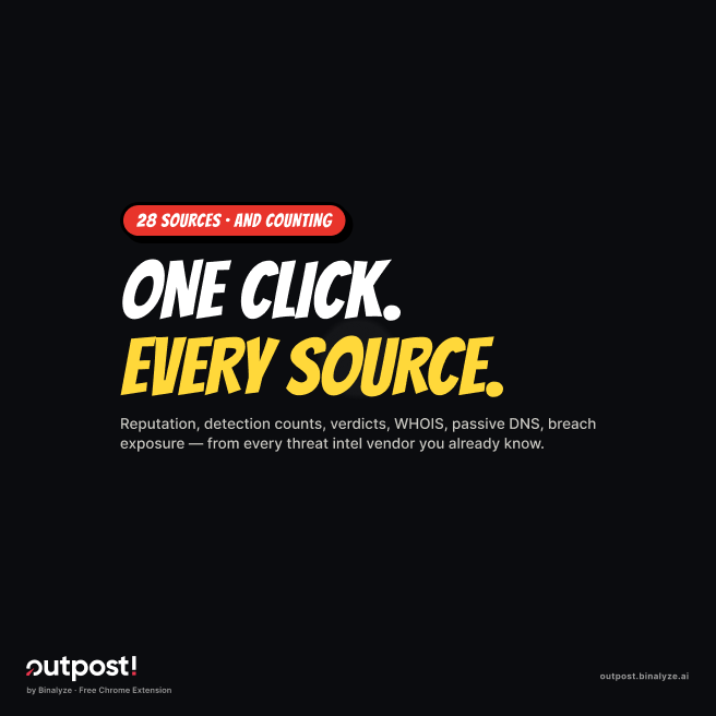 binalyze's tweet photo. Instant access to 20+ threat intel sources including VirusTotal, Shodan, AbuseIPDB, and more, all in one browser tab. Compare, analyze, and act faster with Binalyze Outpost. Try it now: https://t.co/nhCYw1tNQu #ThreatIntel #OSINT #BinalyzeOutpost #SecurityOps #IncidentResponse https://t.co/EkrpsK5GfV