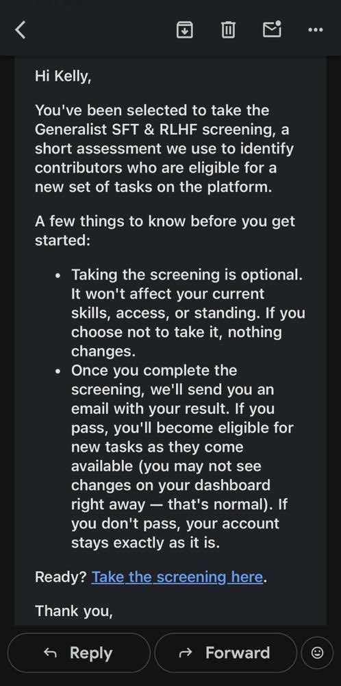 oxwonder's tweet photo. Seems there are people getting this mail to take a generalist screening on OUTLIER to get matched with projects 

Check your mails, OUTLIER may be giving accounts yet another chance to get onboarded to projects 

Still taking your assessments and managing accounts btw 
DMs open https://t.co/DRlieNFZuk