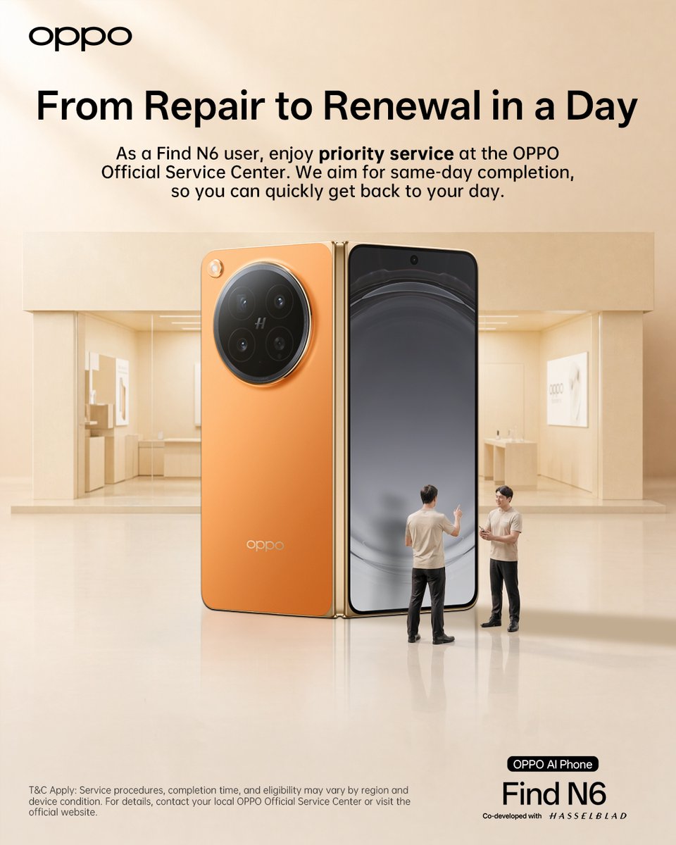 OPPO__Support's tweet photo. Tired of long waits for phone repairs? 😣
As a Find N6 user, you can get priority service at official OPPO Service Centers.
This includes dedicated reception, fault diagnosis, genuine parts, and professional repair. Everything is designed to reduce your waiting time.✅We understand that you need more than just a repair.
OPPO Service cares your entire usage experience.
#OPPOFindN6
#OPPOSupport
#PremiumService