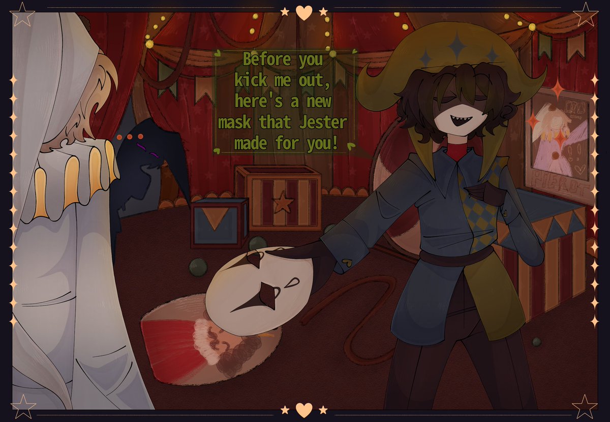 ImFisha's tweet photo. WARNING OOC HARLEQUIN!!!📢📢📢📢
I'm really bad at writing dialogue, but anyway, it's just a headcanon that Harlequin was caring

#tfc #thefreakcircus #harlequin #pierrot #greenapple https://t.co/He31kEwY9O
