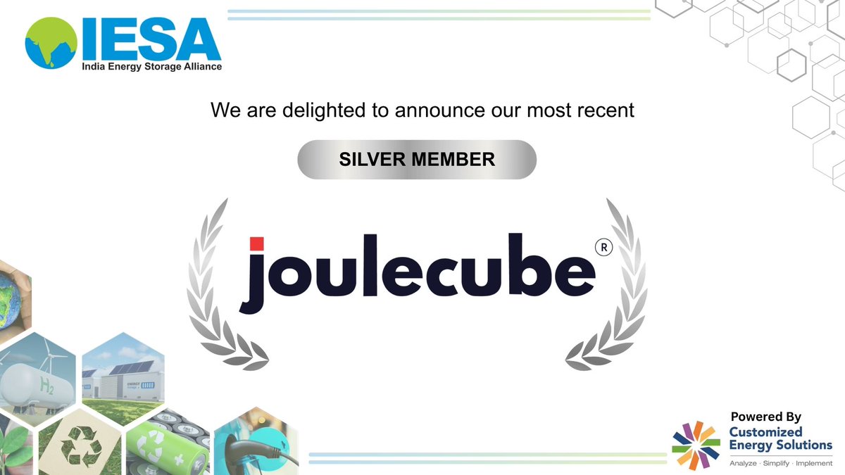 IndiaESA's tweet photo. @joulecubeenergy  joins IESA as a 𝗦𝗶𝗹𝘃𝗲𝗿 𝗠𝗲𝗺𝗯𝗲𝗿!

Advancing battery energy storage solutions for a cleaner &amp; more sustainable energy future.

Welcome, Pinkesh Kumar &amp; Sparsh Sharma!

#IESA #SilverMember #EnergyStorage #BatteryTechnology #CleanEnergy https://t.co/JpOp1tm8mM