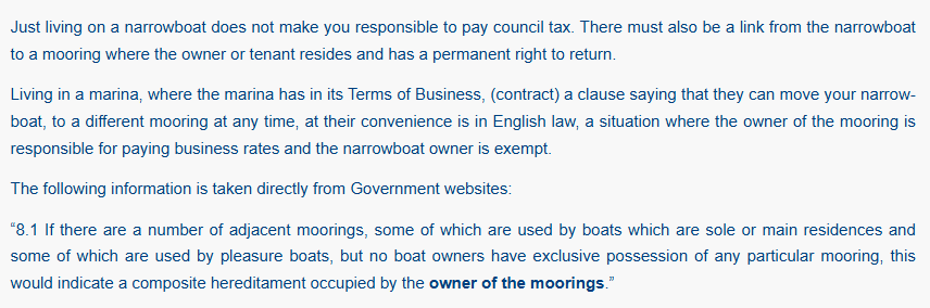 celestine__'s tweet photo. Hi @dngbbc

Here https://t.co/AToqvPft89 you say "A boat is liable for council tax when used as a person's 'sole or main residence'"

Actually, Dan Neidle has over-simplified this, and usually the marina owner is responsible and this is reflected in the boater's mooring fees https://t.co/vY9xagYSW1