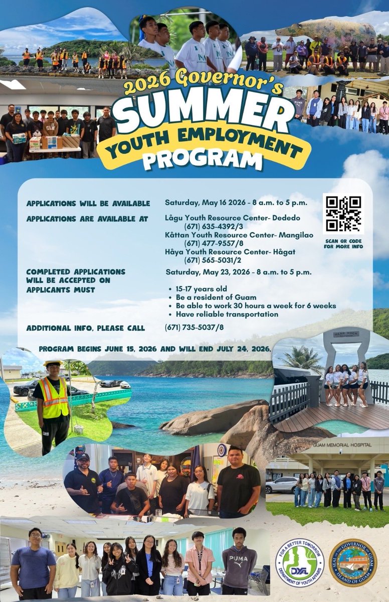 GuamDYA's tweet photo. DYA is looking for 15–17-year-olds interested in working in the GovGuam. GSYEP applications will be available on Saturday, May 16, 2026, at Lågu, Kåttan, and Håya Youth Resource Center. FAQs are available on our website- https://t.co/OxyvyzeAe5. 

### https://t.co/SZFXUMIsHH