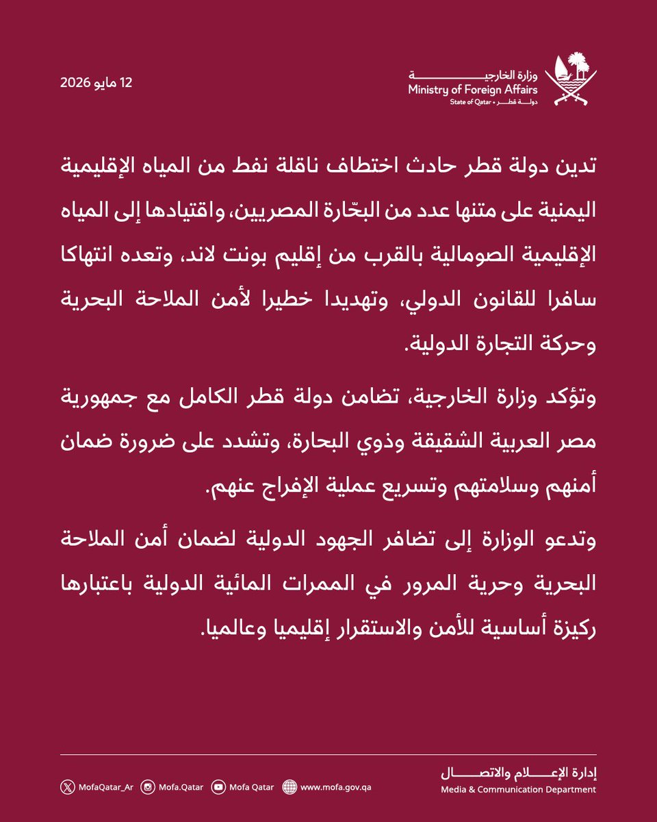 MofaQatar_AR's tweet photo. بيان | قطر تدين اختطاف ناقلة نفط على متنها عدد من  البحارة المصريين

الدوحة | 12 مايو 2026

تدين دولة قطر حادث اختطاف ناقلة نفط من المياه الإقليمية اليمنية على متنها عدد من البحّارة المصريين، واقتيادها إلى المياه الإقليمية الصومالية بالقرب من إقليم بونت لاند، وتعده انتهاكا سافرا للقانون الدولي، وتهديدا خطيرا لأمن الملاحة البحرية وحركة التجارة الدولية.

وتؤكد وزارة الخارجية، تضامن دولة قطر الكامل مع جمهورية مصر العربية الشقيقة وذوي البحارة، وتشدد على ضرورة ضمان أمنهم وسلامتهم وتسريع عملية الإفراج عنهم. 

وتدعو الوزارة إلى تضافر الجهود الدولية لضمان أمن الملاحة البحرية وحرية المرور في الممرات المائية الدولية باعتبارها ركيزة أساسية للأمن والاستقرار إقليميا وعالميا.

#الخارجية_القطرية