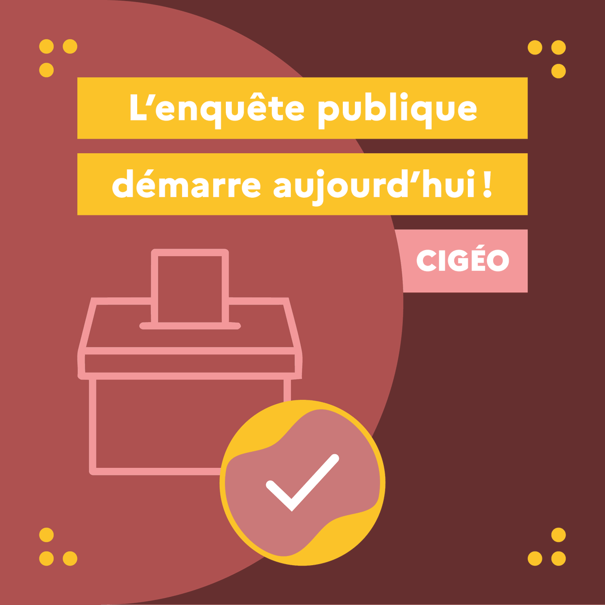 Andra_France's tweet photo. 🔎 L'enquête publique, c’est aujourd’hui.

L’enquête publique relative à la demande d’autorisation de création de #Cigéo ouvre ce 18 mai 2026.

Pendant 45 jours, chacun pourra consulter le dossier et donner son avis. 🤝

👉 https://t.co/rJtT7iZU84 https://t.co/bwR6fKSxPU