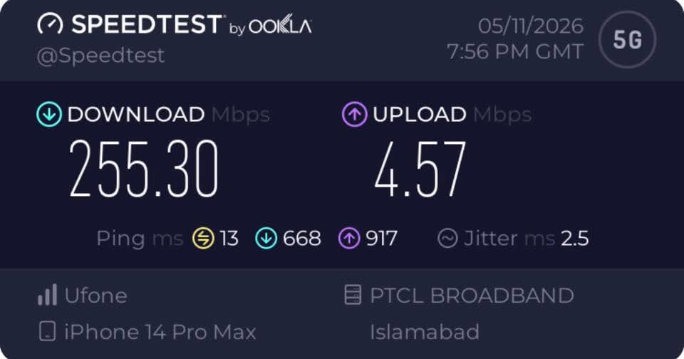 TechXAi_'s tweet photo. Ufone 5G Speedtest
Location: Islamabad https://t.co/C7cSzU9KE7