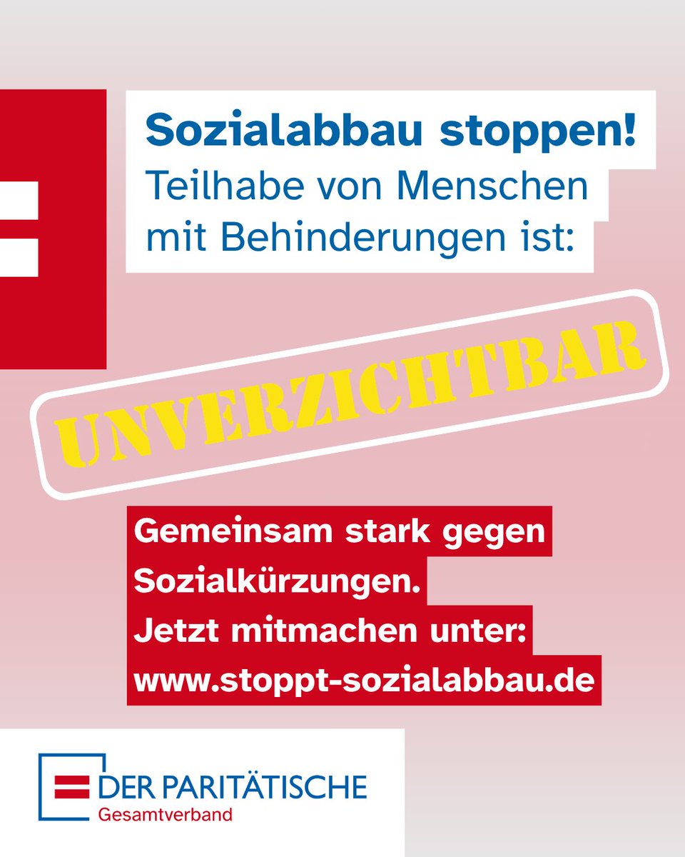 Paritaet's tweet photo. ⚠️ Es drohen drastische soziale Kürzungen - wir stellen uns dagegen!
Bund, Länder und Kommunen diskutieren radikale Einschnitte bei Sozialleistungen. Gespart werden soll ausgerechnet da, wo Unterstützung unverzichtbar ist: bei Kindern, Jugendlichen und Menschen mit Behinderungen. https://t.co/pZc2Ykner8