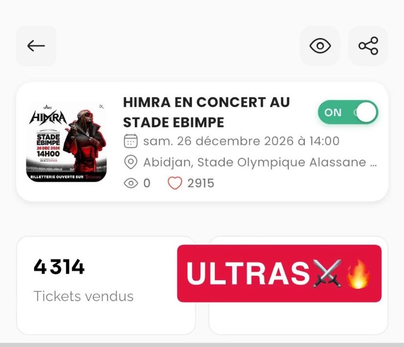 VRAIACTUCI's tweet photo. 🚨 Ouverte hier à 12h, la billetterie du concert de Himra au Stade d’Ebimpé a déjà enregistré 4 314 tickets vendus 🔥🏟️
#Himra #Ebimpe #Concert #StadeDEbimpe #RapIvoire #CIV #Tikerama #HimraConcert #CultureUrbaine 🔥🏟️ https://t.co/CC24gNRPoI
