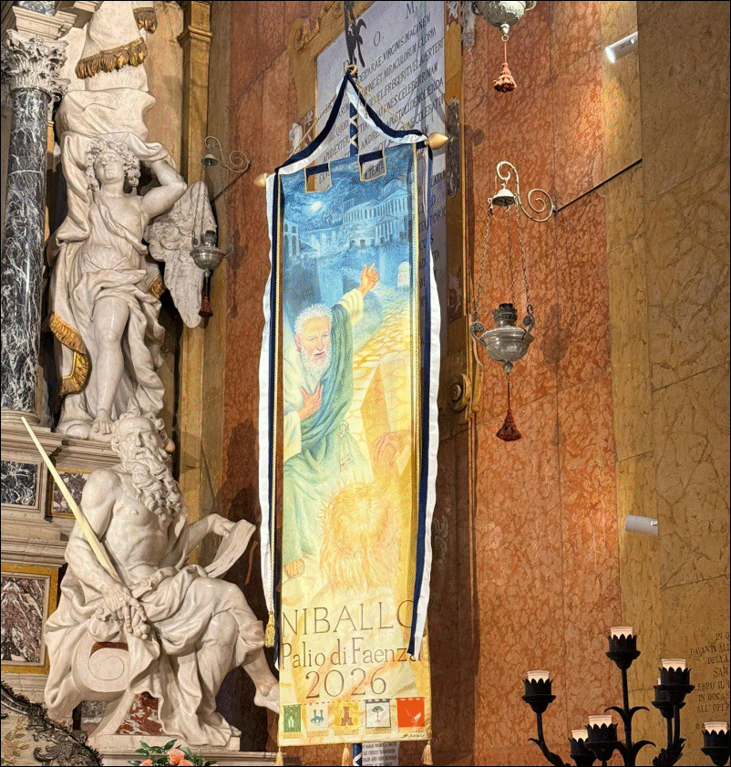 faenzanet's tweet photo. Presentato in Duomo il drappo  che verrà consegnato al Rione vincitore del Palio del Niballo 2026. L’opera è  stata quest’anno dipinta dall’artista Giuseppe Rava con colori pastello e  riproduce San Pietro che indica la strada a Gesù mentre porta la croce. https://t.co/OSE8YCMSen