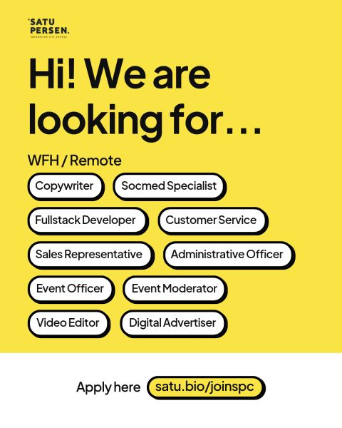 Bukan loker bergaji dollar, tapi barangkali ada yang mau coba loker dari Satu Persen. 

Untuk intern &amp; full-time ya. Fully remote/WFH. 

Cocok juga buat yang masih kuliah, fresh grad dan belum ada pengalaman.

- Copywriter
- Socmed Specialist
- Customer Service
- Fullstack