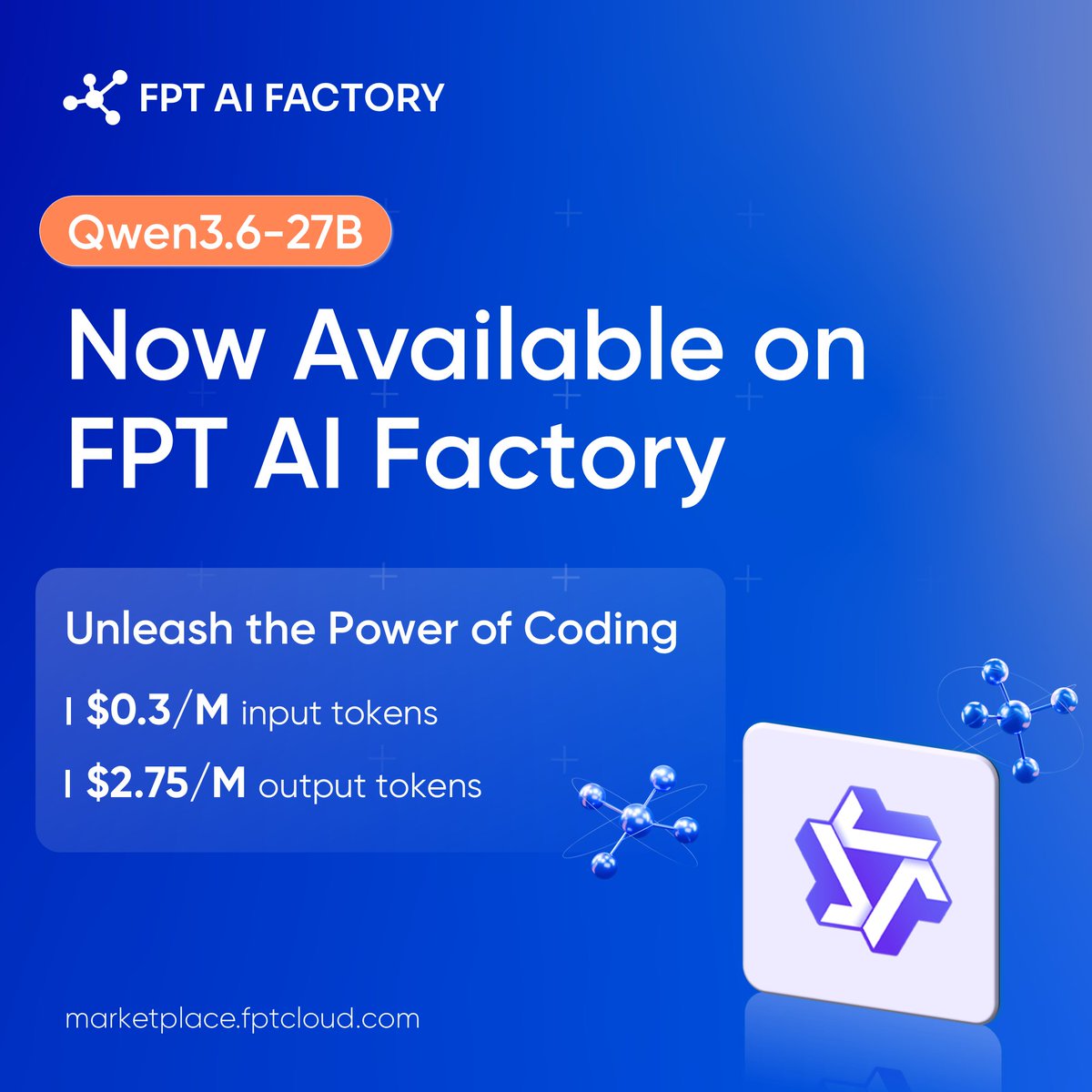 FPTAIFactory's tweet photo. 🚀 Unleash the Power of Coding with Qwen3.6-27B – Now Live on FPT AI Marketplace!
  
The wait is over. We are thrilled to announce that Qwen3.6-27B has officially joined the FPT AI Marketplace ecosystem.   

👉 [Try Qwen3.6-27B on FPT AI Marketplace Now] https://t.co/YNBAoci31d https://t.co/XECFVnH2Je