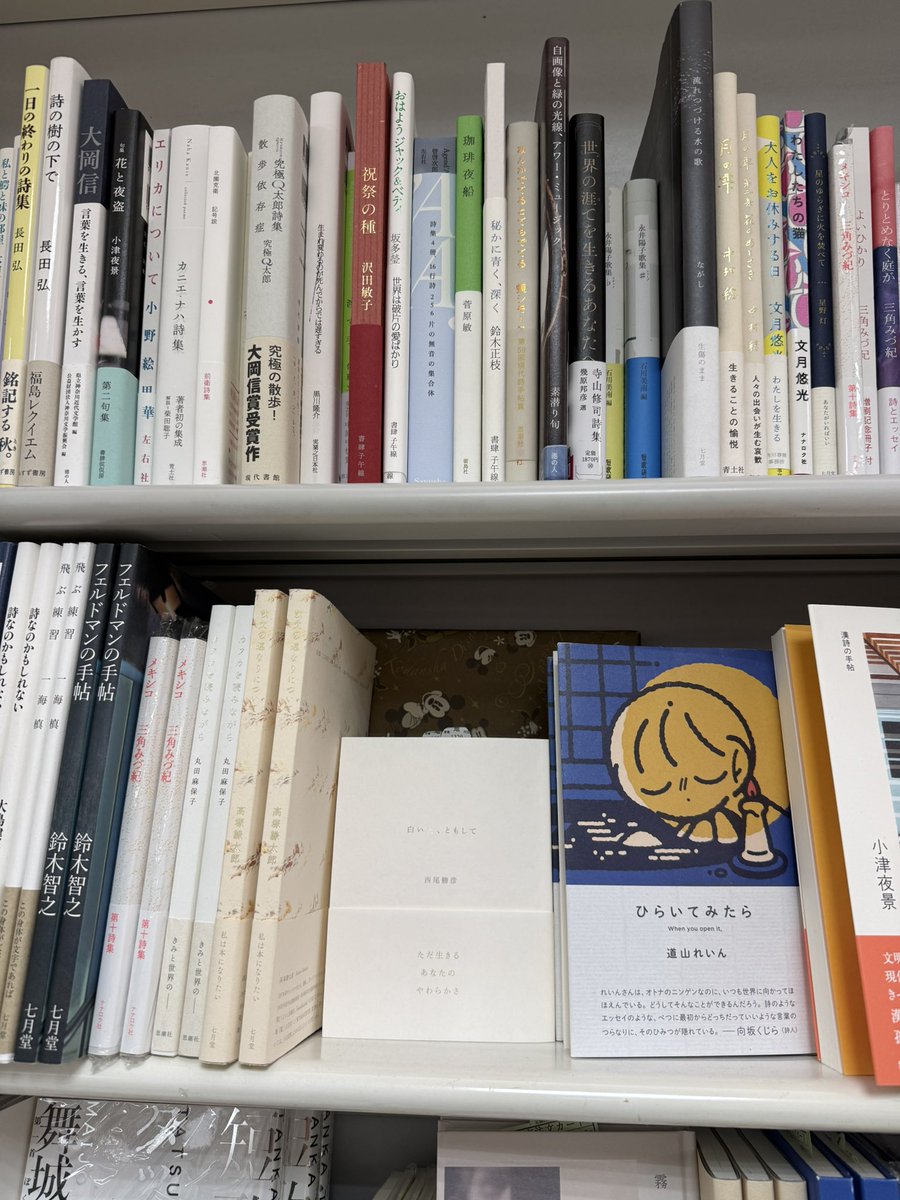 shichigatsudo2's tweet photo. 吉祥寺のブックスルーエさんでは、道山れいん『ひらいてみたら』、鈴木智之『フェルドマンの手帖』、ながし『流れつづける水の歌』など、七月堂の新刊を多数並べてくださっています！
いつもありがとうございます。 https://t.co/xfPmlMteoQ
