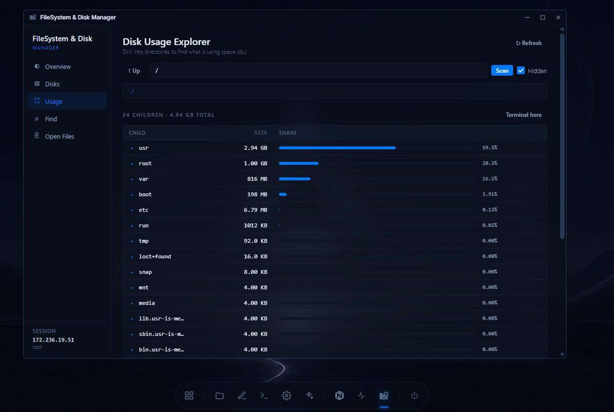 axionssh's tweet photo. Using the Filesystem &amp; disk manager plugin in Axion, you can easily explore your disk usage, find bottlenecks, and scan your filesystem with a click of a button.

All happening without installing anything on your server!

#DevOps #Linux #SSH https://t.co/DJ9wiYB0aW