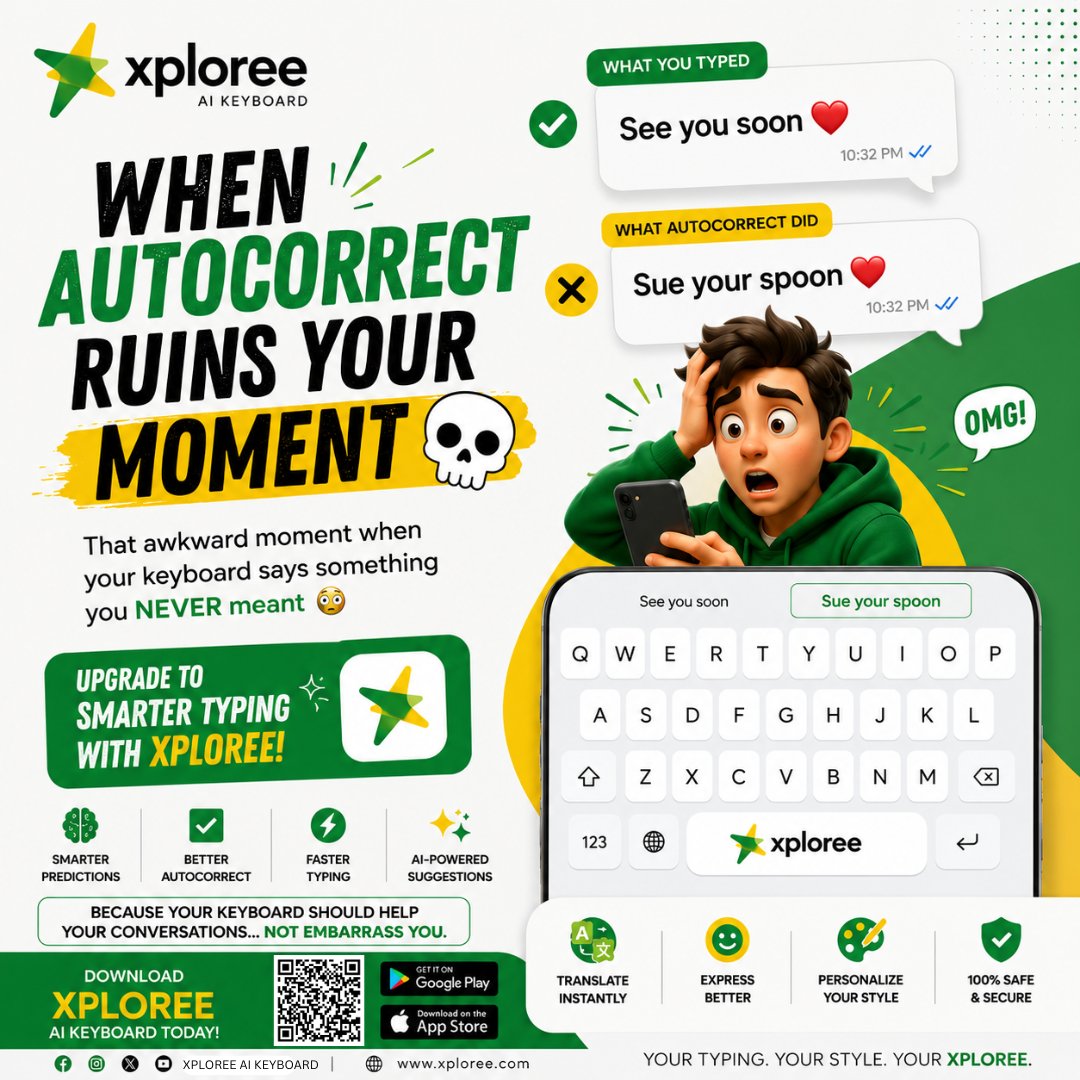 XploreeKeyboard's tweet photo. Autocorrect ruining your conversations again? 💀📱

Upgrade to smarter typing with Xploree AI Keyboard 🚀
✨ Better autocorrect
⚡ AI predictions
🌍 Instant translation

Because your keyboard should help you… not embarrass you 😭

#Xploree #AIKeyboard #SmartTyping https://t.co/R7MM9a6NFD