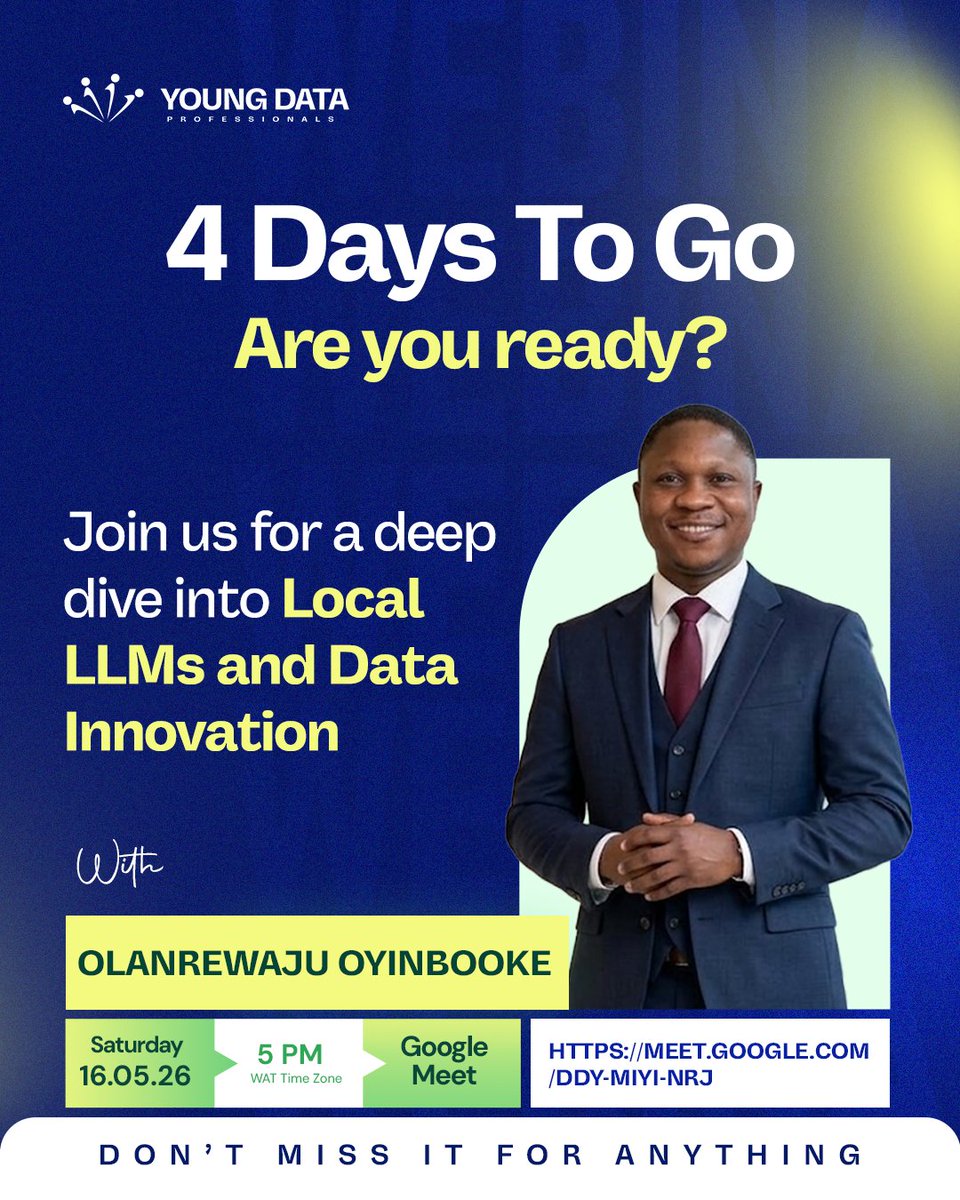 YoungDataPro's tweet photo. 4 days to go!!!

Join us May 16 for our webinar on Innovating with Local LLM with Olanrewaju Oyinbooke .
It promises to be exploxive🔥🔥🔥

Check flier for every necessary detail. https://t.co/HcTP8k1fFC