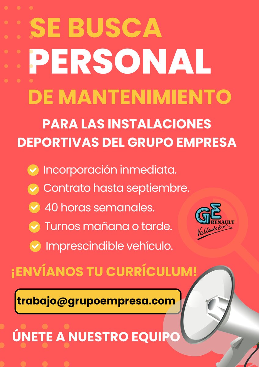 ¡BUSCAMOS PERSONAL DE MANTENIMIENTO!
Estamos incorporando personal de mantenimiento para las instalaciones deportivas del Grupo Empresa.
📩Interesados/as enviar CV a trabajo@grupoempresa.com
#grupoempresarenaultvalladolid