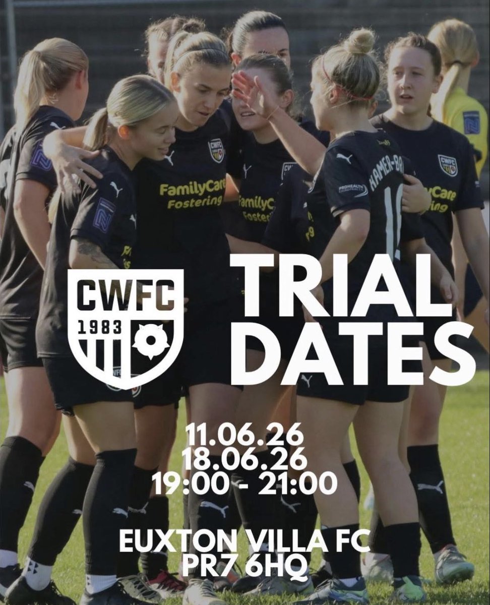 chorleywomenfc's tweet photo. 🚨CWFC trials for season 2026/27🚨 

Interested in joining a tier 4 club?
Excellent training facilities
UEFA B Coaching 

We are looking for players for our first team & Reserves 

Sign up using the link below ⬇️ 

https://t.co/1xMpIxqtGc

📍 Thursday 11th and 18th June, 7-9pm
Euxton Villa FC, PR7 6HQ

#fawnl