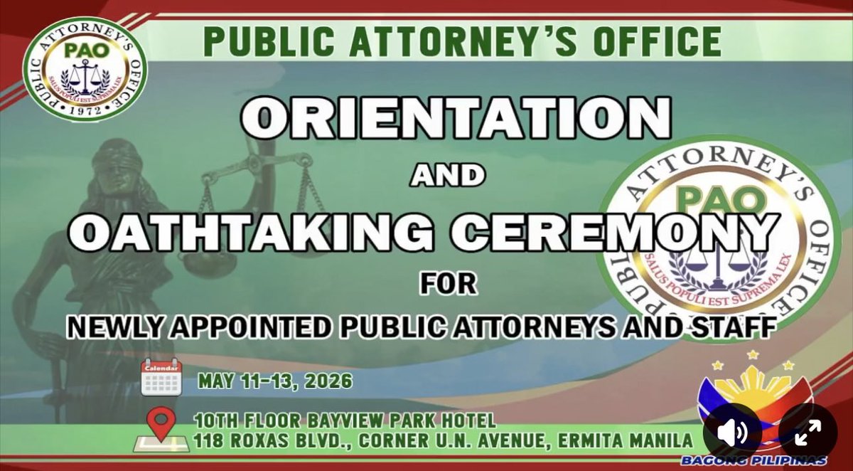 persidaacosta's tweet photo. Public Attorney's Office Orientation and Oathtaking Ceremony for Newly Appointed Public Attorneys and Staff

📆 May 11-13, 2026 https://t.co/Z1aWZC9P4a