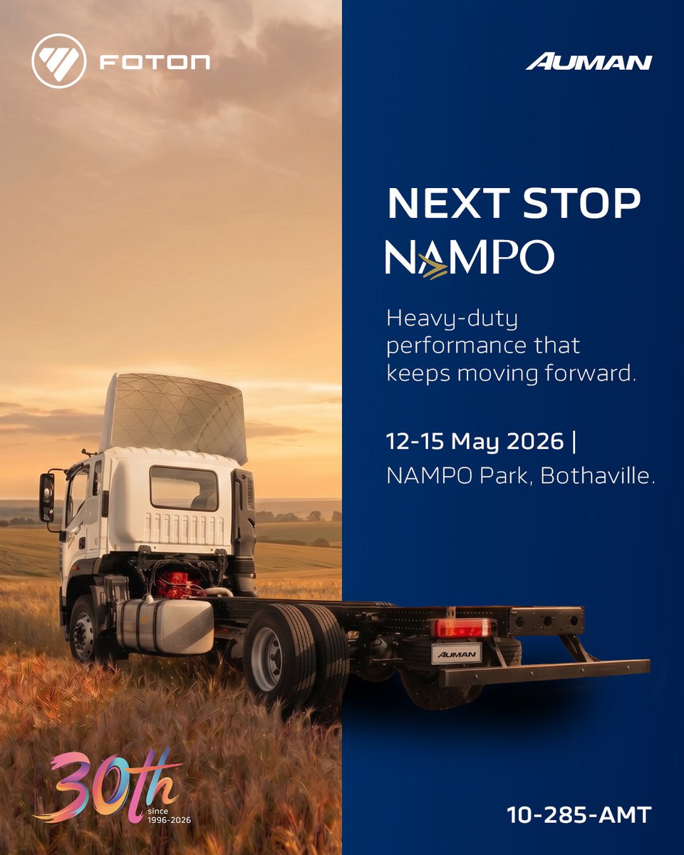 FotonSA's tweet photo. We’re taking our 30-year legacy to Bothaville! Join us at NAMPO Park from 12-15 May 2026.

Explore our full range, from the agile Aumark to the heavy-duty Auman 10 and see how we’re powering progress in the African agricultural sector.

 #NAMPO2026 #AgriSA #Farming #Logistics https://t.co/p0YnPreGxg